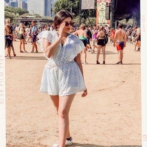 cute blue romper with gold sitching